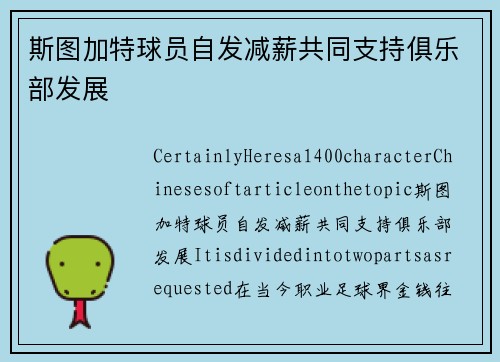 斯图加特球员自发减薪共同支持俱乐部发展