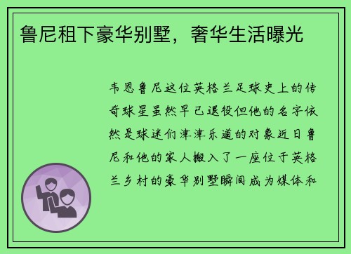 鲁尼租下豪华别墅，奢华生活曝光